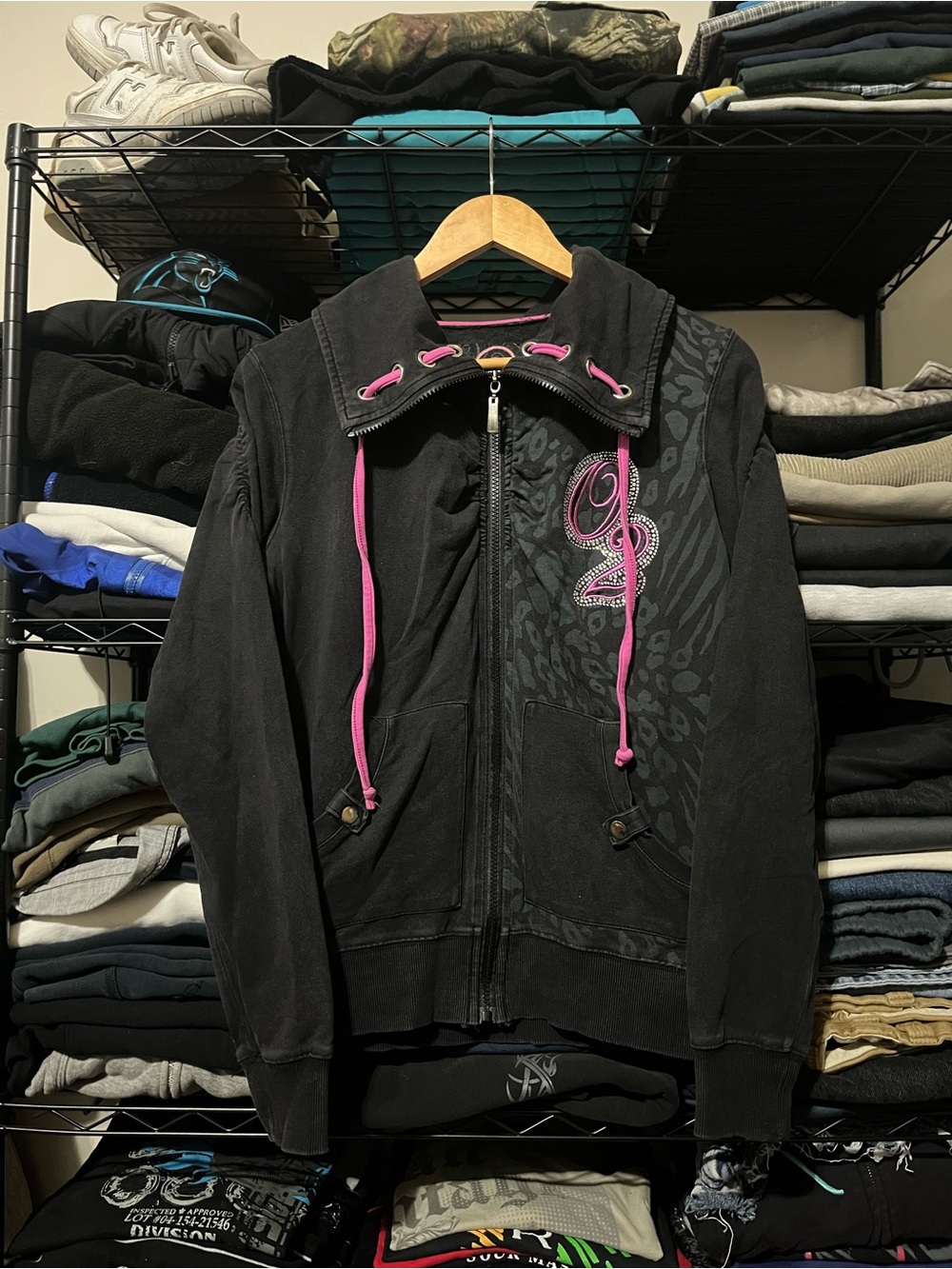 Women's Black Zip Jacket with Pink Drawcords and Embroidered Detail
